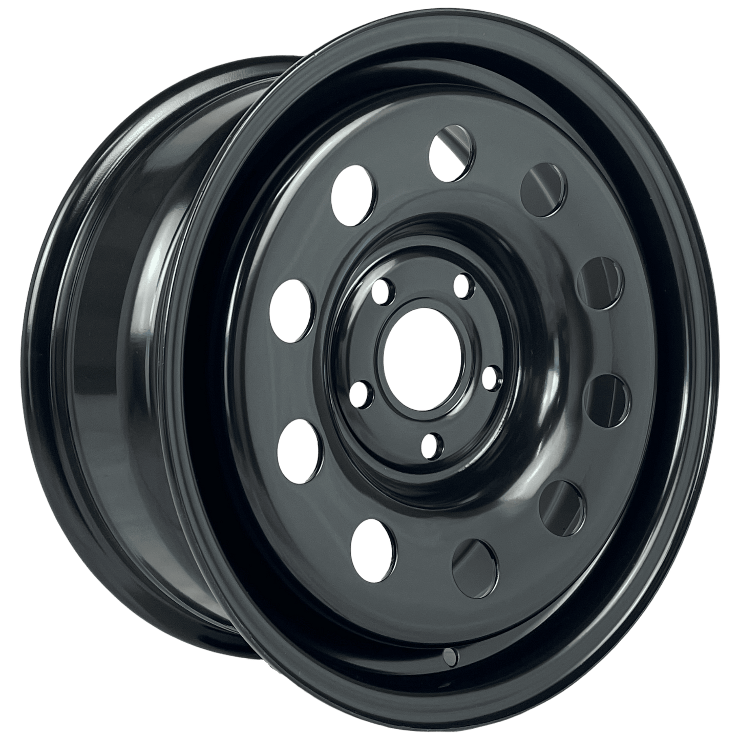 A single black steel vehicle wheel rim shown at a three-quarter angle on a plain white background.