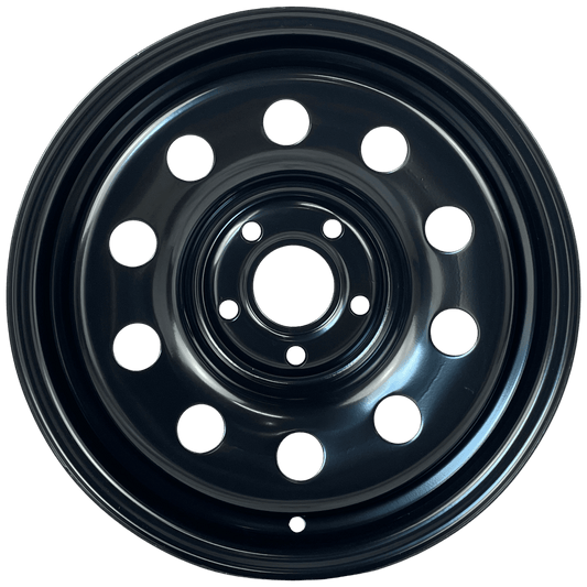 A black steel vehicle wheel rim with a multi-hole design, shown from a front-facing perspective on a solid white background.