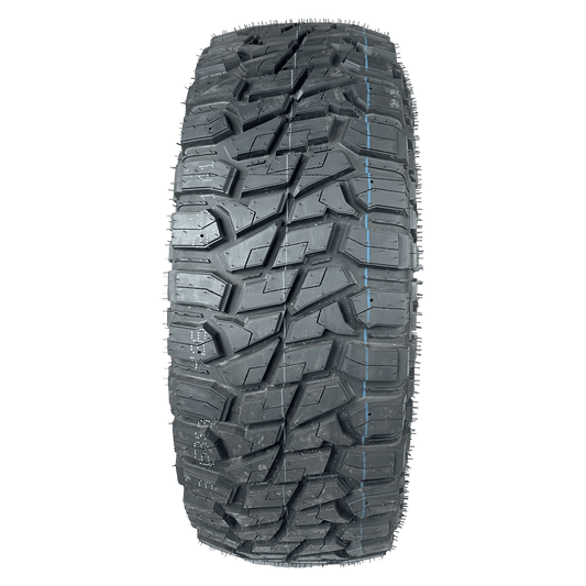 A single off-road tyre with deep, full tread image, aggressive tread blocks, shown upright against a solid white background.