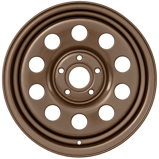 A single round steel wheel rim with a metallic bronze finish, featuring a 10 hole cut-out design, shown against a solid white background.