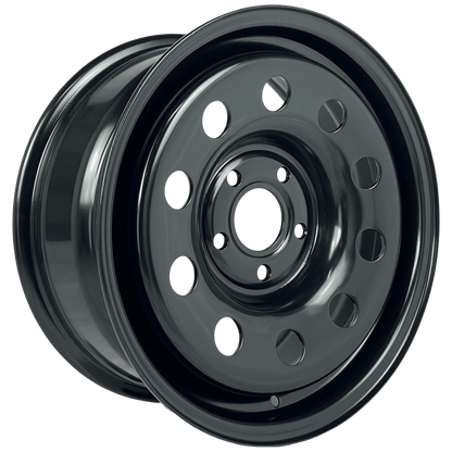 A single black steel vehicle wheel rim shown at a three-quarter angle on a plain white background.