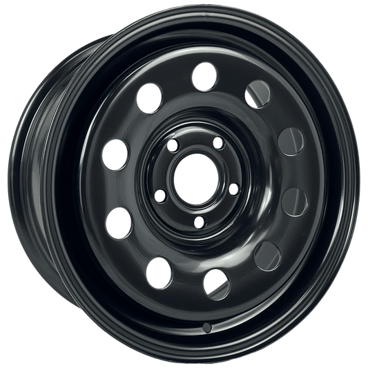 A black steel vehicle wheel rim with a multi-hole design, shown from a front-facing perspective on a solid white background.