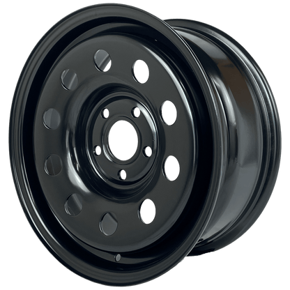 A glossy black steel wheel rim with a multi-hole disc design, shown at a three-quarter angle on a solid white background.