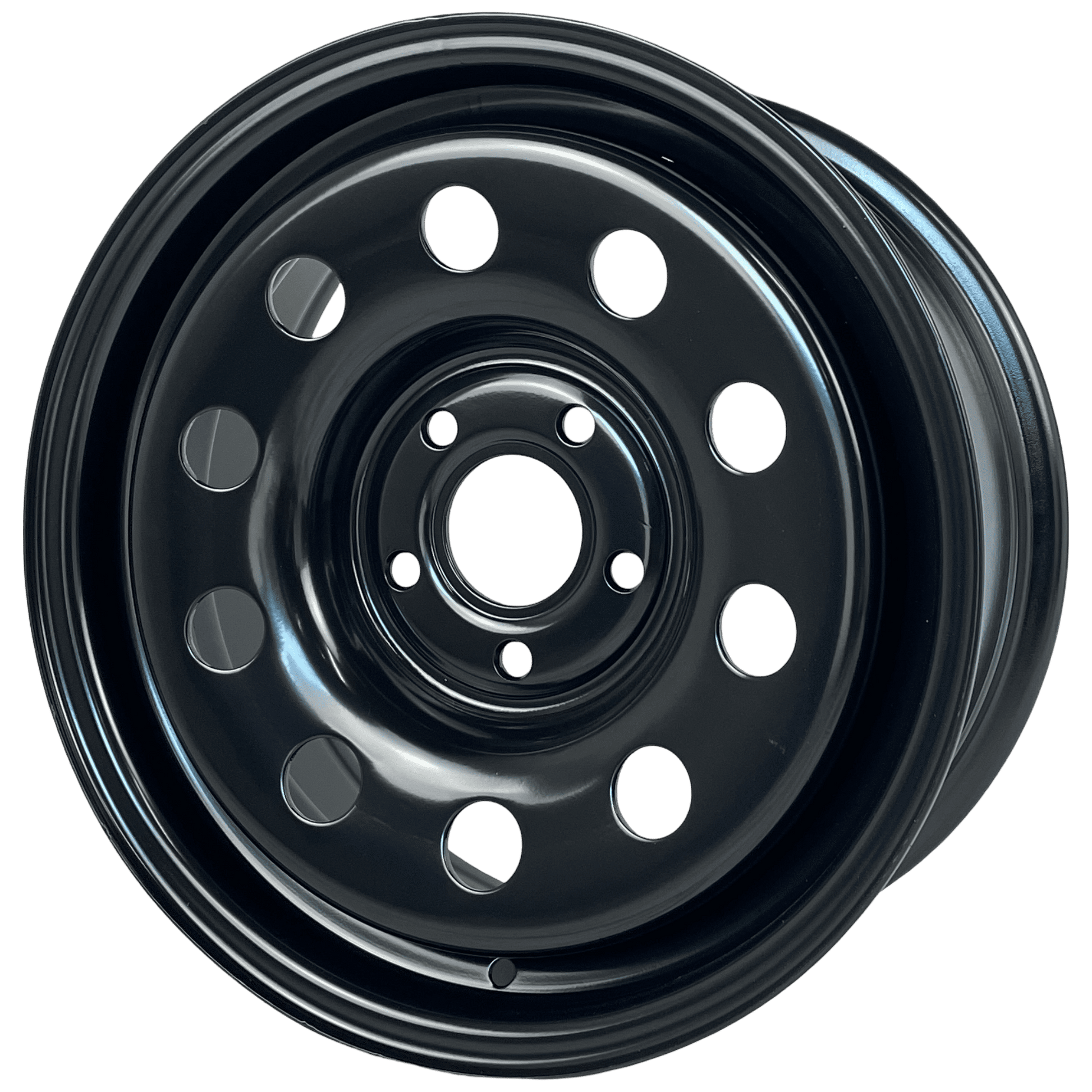 A black steel wheel rim with a multi-hole design, shown from a top-down perspective on a white background.