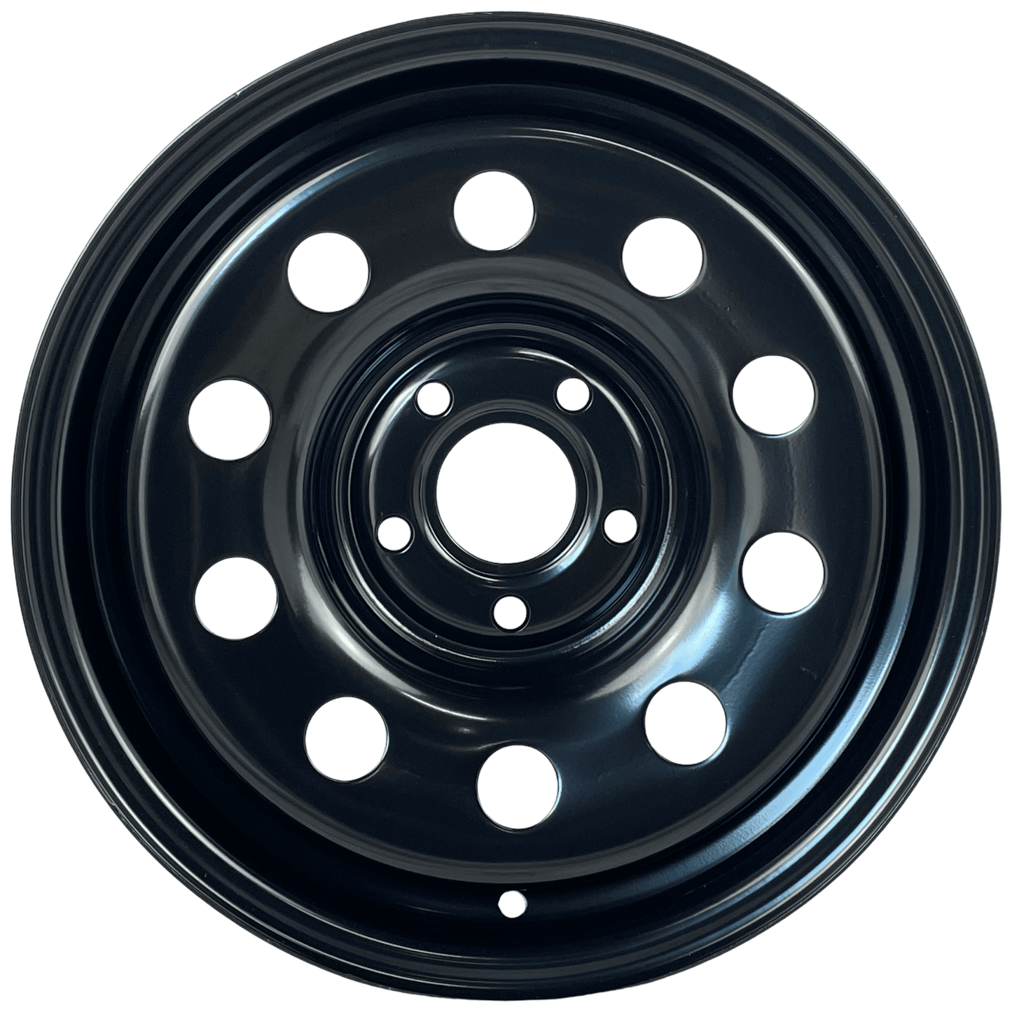 A black steel vehicle wheel rim with a multi-hole design, shown from a front-facing perspective on a solid white background.