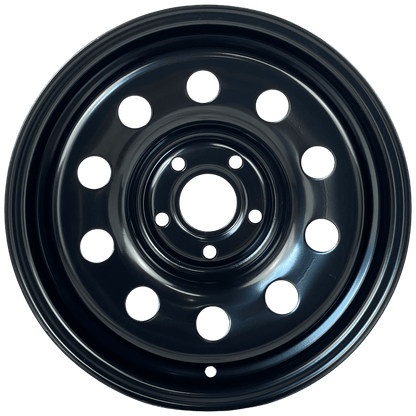 A black steel vehicle wheel rim with a multi-hole design, shown from a front-facing perspective on a solid white background.