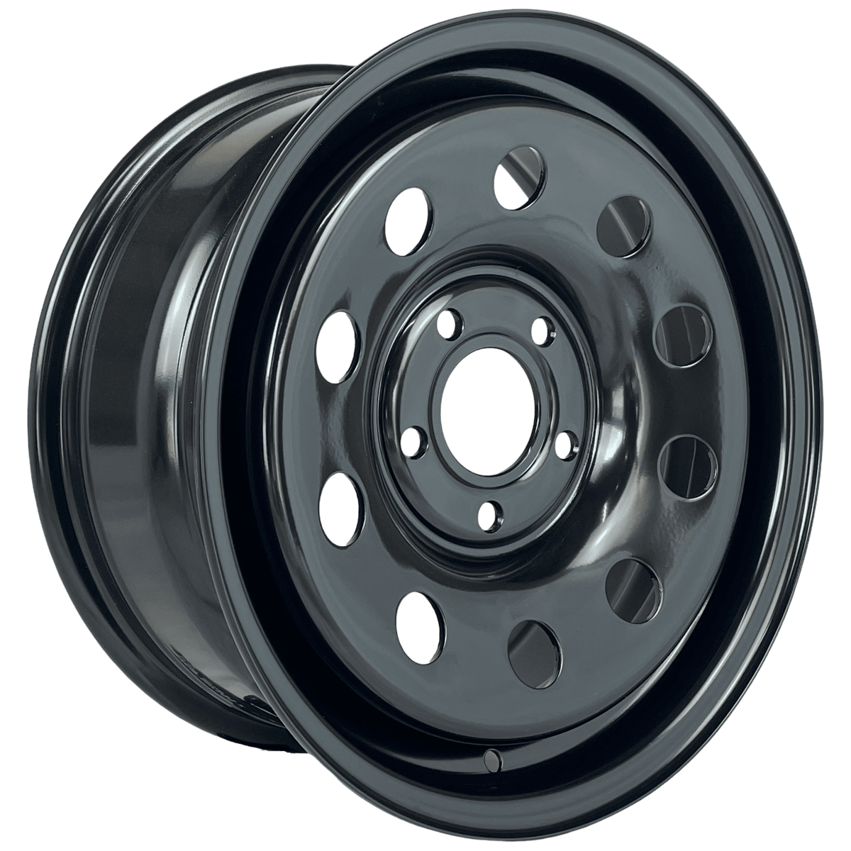 A glossy black steel vehicle wheel rim with a multi-hole design, shown at a three-quarter angle on a solid white background.