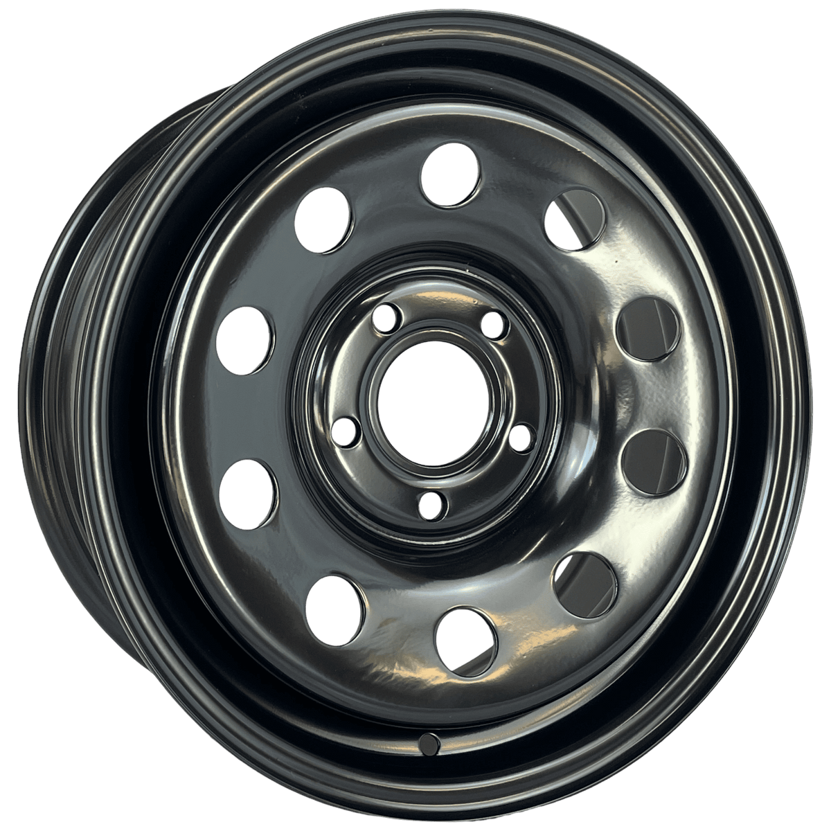 A gloss black steel wheel rim with ten circular cut outs, shown from a top-down perspective on a solid white background.