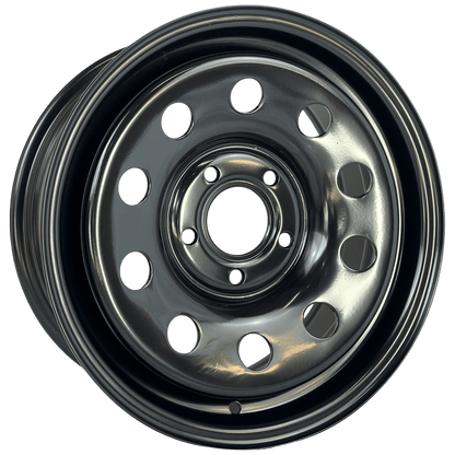 A gloss black steel wheel rim with ten circular cut outs, shown from a top-down perspective on a solid white background.