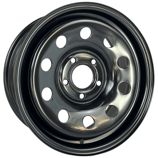 A gloss black steel wheel rim with ten circular cut outs, shown from a top-down perspective on a solid white background.