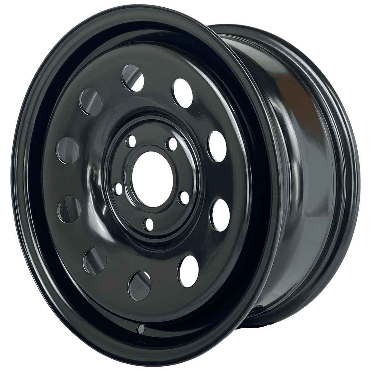 A glossy black steel wheel rim with a ten-hole cut-out design, shown at a three-quarter angle on a solid white background.
