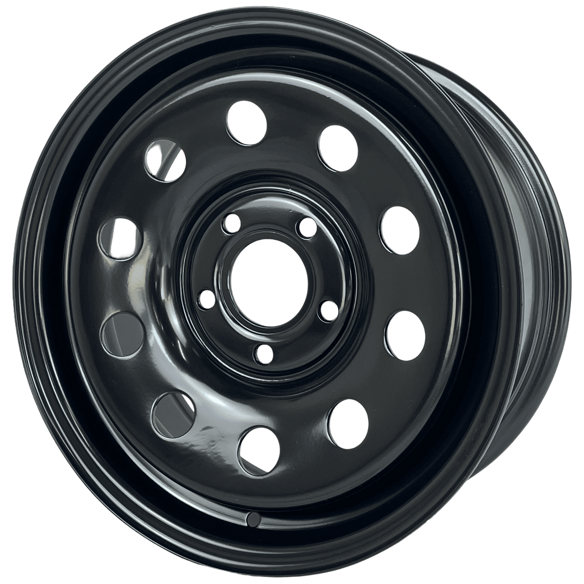 A black steel vehicle wheel rim with a multi-hole design, shown from a top-down perspective on a white background.