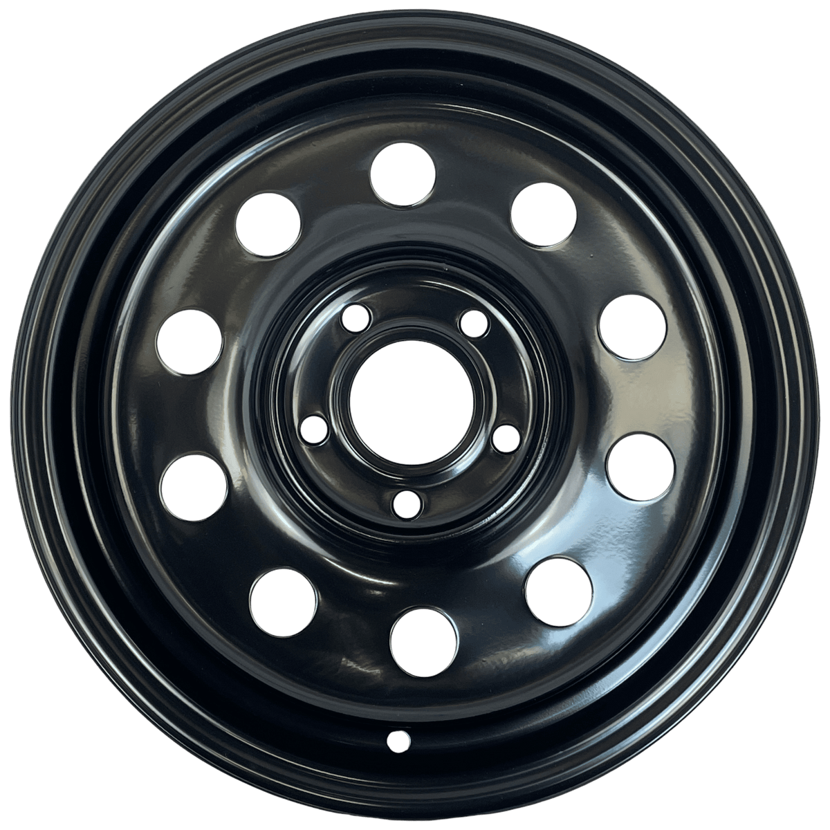 A black steel vehicle wheel rim with a multi-hole design, shown from a top-down perspective on a white background.