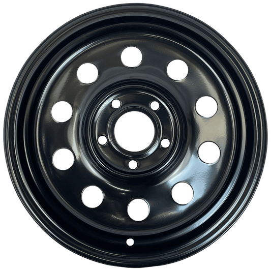 A black steel vehicle wheel rim with a multi-hole design, shown from a top-down perspective on a white background.