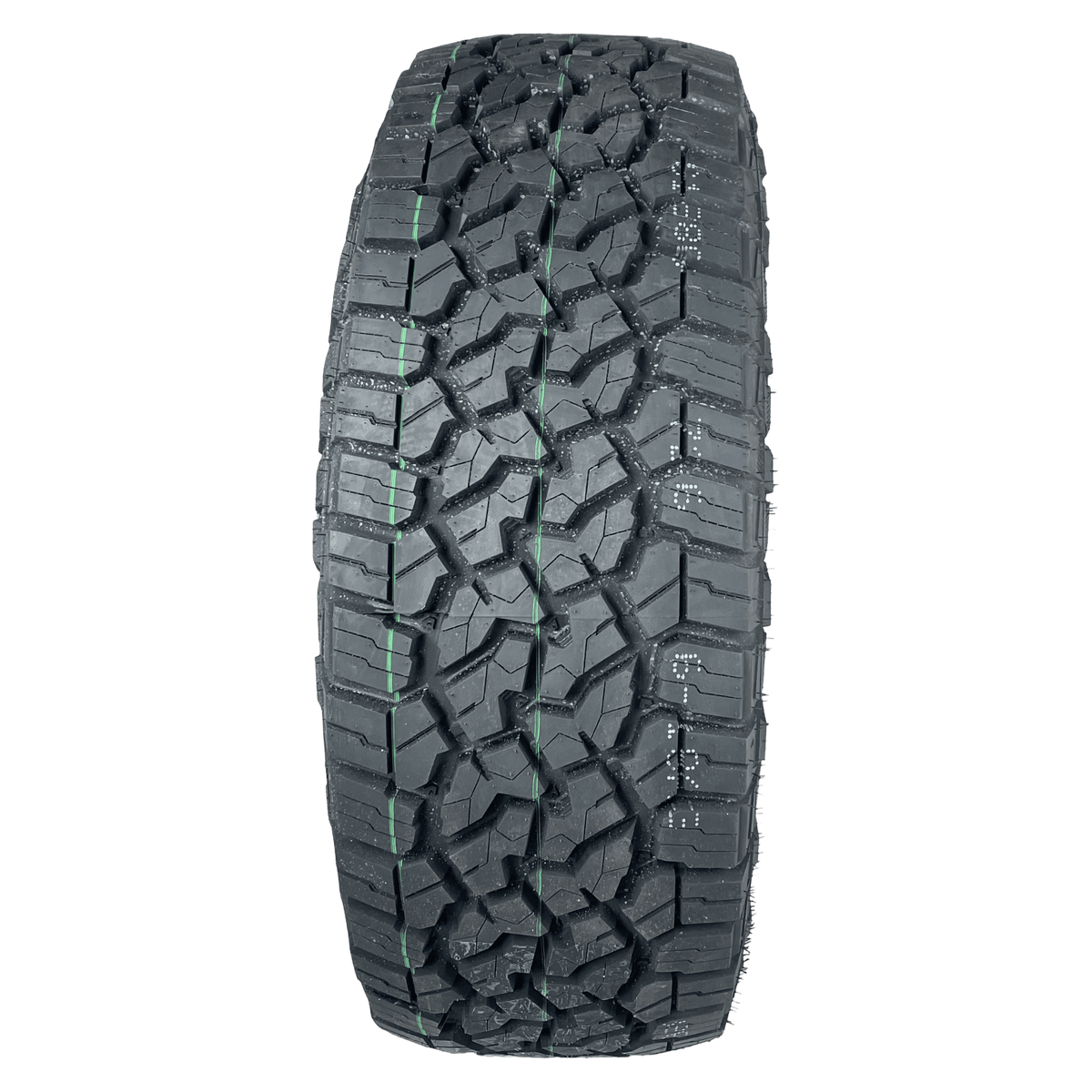 A single black all-terrain tire with a rugged tread pattern, photographed upright against a solid white background.