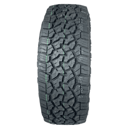 A single black all-terrain tire with a rugged tread pattern, photographed upright against a solid white background.