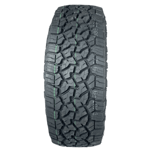 A single black all-terrain tire with a rugged tread pattern, photographed upright against a solid white background.