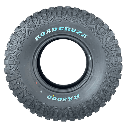 A single black all-terrain tire with aggressive tread, featuring the text 'ROADCRUZA' and 'RA8000' in light blue on the sidewall, shown against a plain white background.
