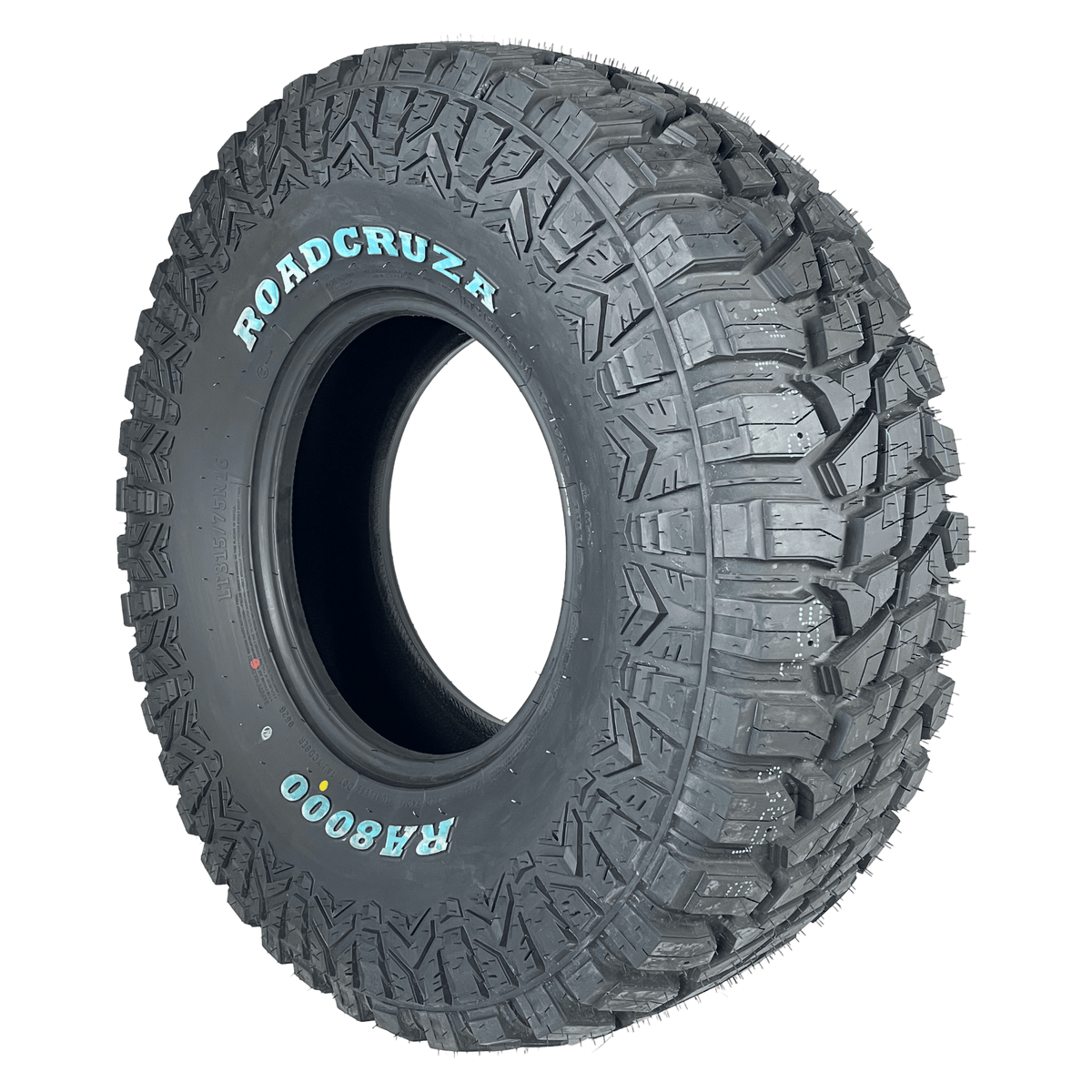 A single off-road tire with deep, aggressive tread blocks, shown at a three-quarter angle on a plain white background. The sidewall features the brand name 'Rodb Cruz' in white lettering with a small yellow dot accent, and the model name 'RA800D' in light blue lettering.