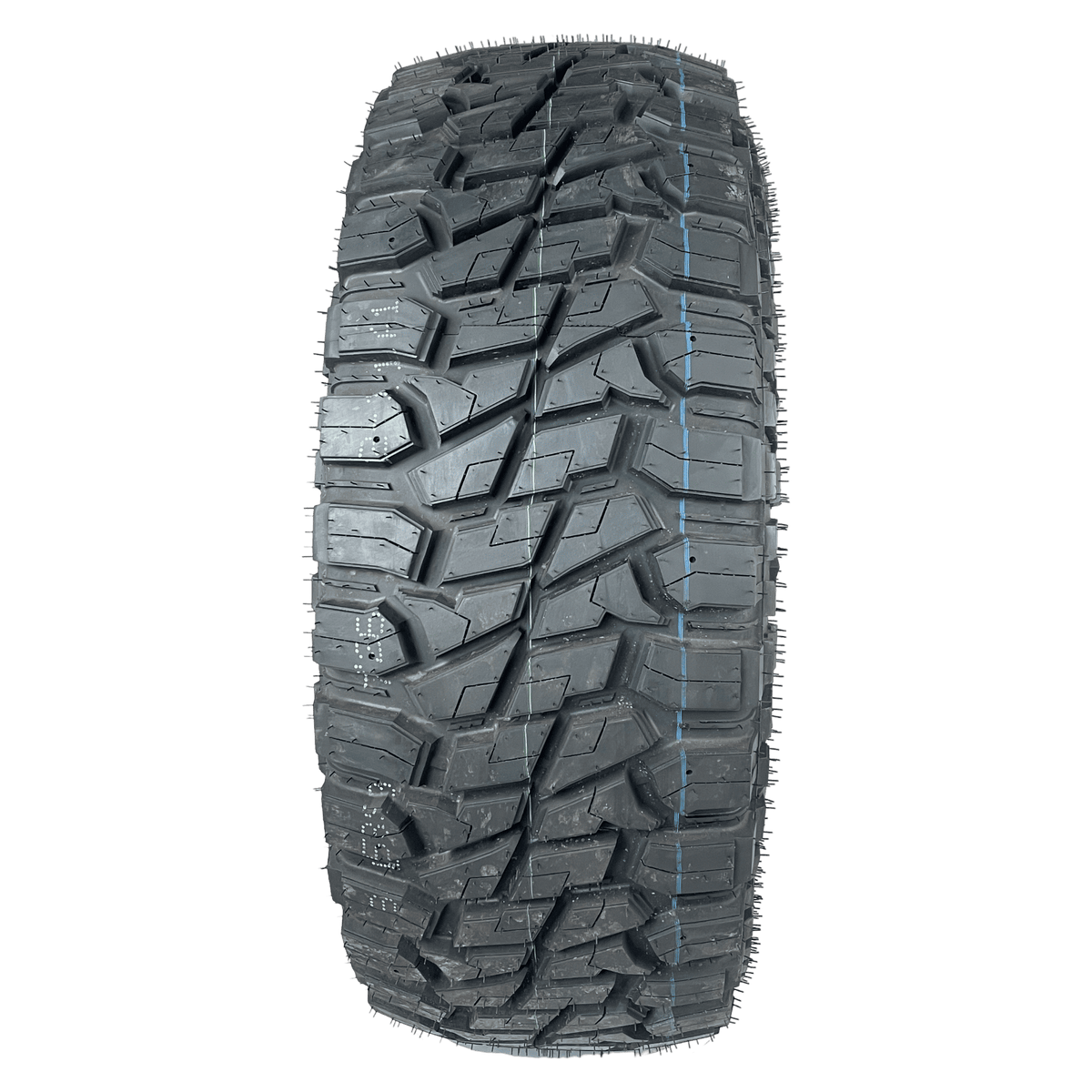 A single off-road tyre with deep, full tread image, aggressive tread blocks, shown upright against a solid white background.