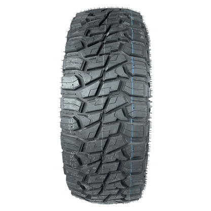 A single off-road tyre with deep, full tread image, aggressive tread blocks, shown upright against a solid white background.