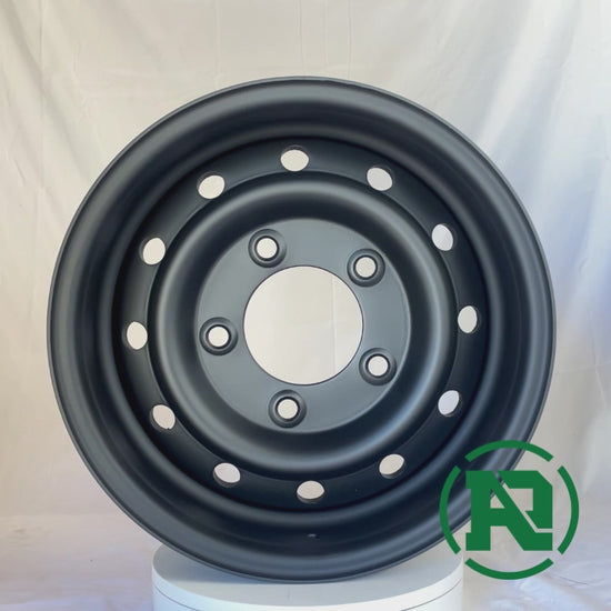 360video of 16" x 6.5" GOJOS Matte Black Wolf Style 5x165.1 ET00 CB115 4x4 & Off-Road Steel Wheels at Roadcruza Tyres 