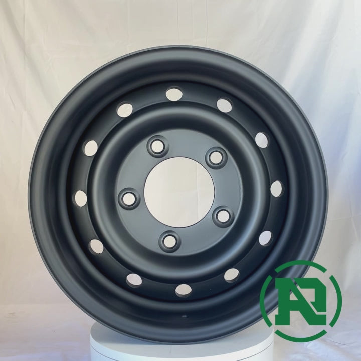 360video of 16" x 6.5" GOJOS Matte Black Wolf Style 5x165.1 ET00 CB115 4x4 & Off-Road Steel Wheels at Roadcruza Tyres 